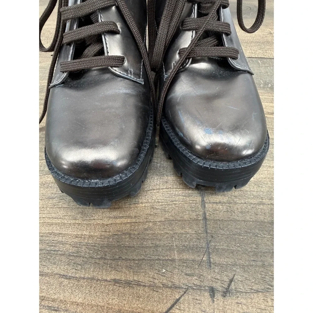 Schutz Metallic Platform Heels Womens 37 Bronze Lace Up Lug Sole Chunky Y2K